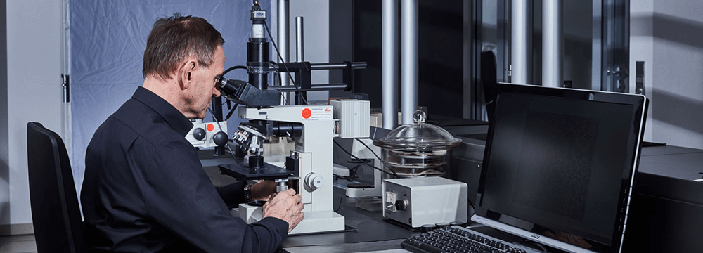 Worker looks through a microscope